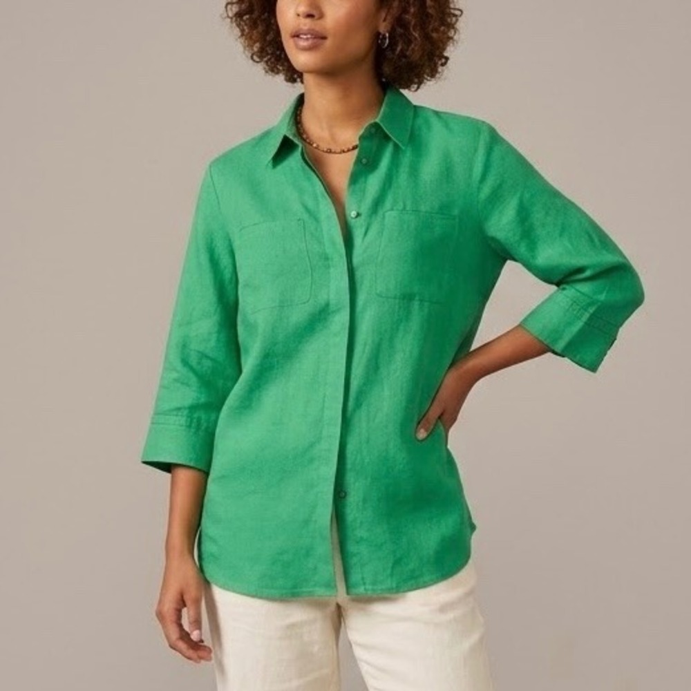Loro Piana Green 100% Linen 3/4 Roll Tab Sleeve Button Down Shirt Size IT 44 Med